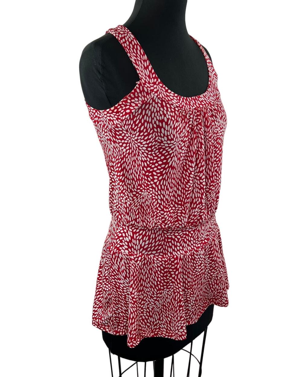 ROBIN K. Red White Print Sleeveless Square Neckline Pullover Peplum Tank Top S?